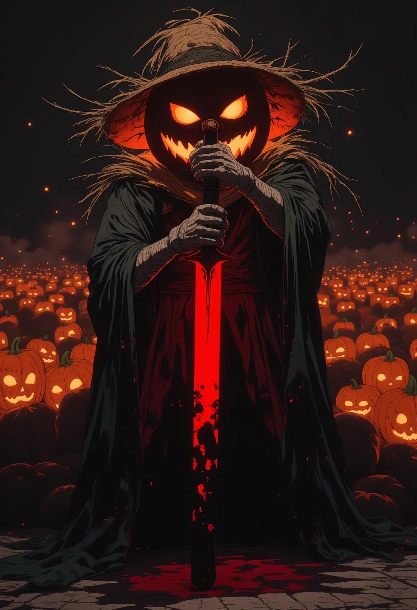 fantasy stylised illustration, horror, anime style, cinematic, close up to upper body, close up, dynamic pose with hands above head, perfect composition, covered in shadows scarecrow monster, humanoid features, pumpkin head, jack-o lantern head, with glowing eyes, dark subway, crowd of pumpkin head behind with glowing eyes background, standing looking at the camera with a head tilt, hands on his sword that is planted in the ground, baggy clothes of a scarecrow, straw hat on the pumpkin, huge glowing red waist, long fark gloves, white bandages on hands, looking at viewer menacingly, expressionism, stature is strong and very brutal, bulky men, incredible, style of Edwin Austin Abbey, ne0nfant4sy,