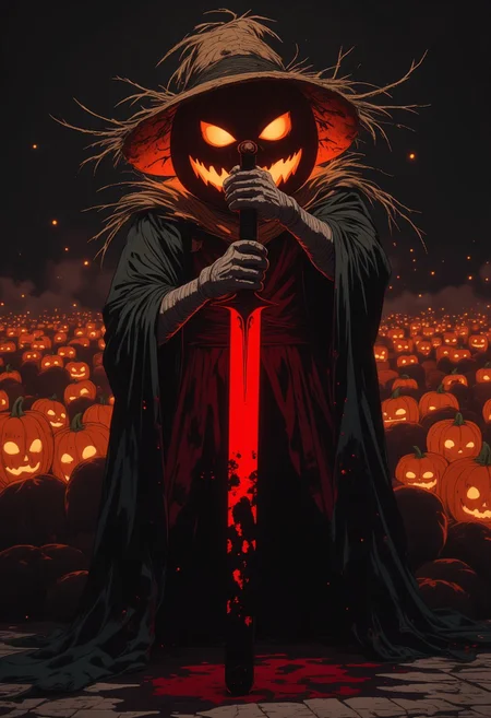 fantasy stylised illustration, horror, anime style, cinematic, close up to upper body, close up, dynamic pose with hands above head, perfect composition, covered in shadows scarecrow monster, humanoid features, pumpkin head, jack-o lantern head, with glowing eyes, dark subway, crowd of pumpkin head behind with glowing eyes background, standing looking at the camera with a head tilt, hands on his sword that is planted in the ground, baggy clothes of a scarecrow, straw hat on the pumpkin, huge glowing red waist, long fark gloves, white bandages on hands, looking at viewer menacingly, expressionism, stature is strong and very brutal, bulky men, incredible, style of Edwin Austin Abbey, ne0nfant4sy,