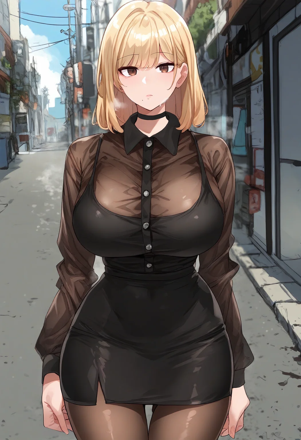 score_9, score_8_up, score_7_up, score_6_up, source_anime, rating_explicit, 1girl, solo, huge breasts,<lora:Park Dayoung prefectPonyxl:0.75> blonde hair, mole under mouth, brown eyes, medium hair, black choker, (see-through shirt:1.1), black shirt, collared shirt, buttons, black tank top, long sleeves, black skirt, pencil skirt, brown pantyhose, expressionless, Narrow shoulders, heavy breathing, steaming body, street, outdoors, looking at viewer