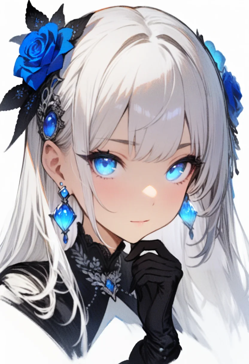 masterpiece, best quality, <lora:RECXL_ANI31_lokr_V43P1NF:0.95> 1girl, solo, hair ornament, flower, blue eyes, gloves, hair flower, blue flower, jewelry, black gloves, earrings, white background, looking at viewer, simple background, long hair, blue rose, rose, portrait, white hair, closed mouth, hand up, grey hair, cropped shoulders, hand on own chin