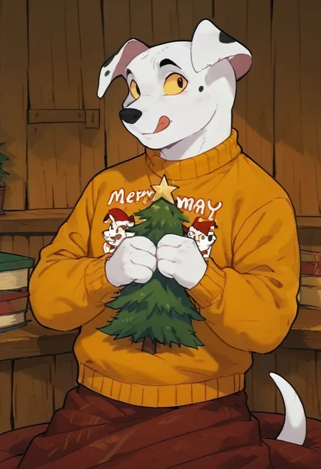 score_9, score_8_up, score_7_up, hi res, high quality, anthropomorphic_snakes_(naga), orange body, spotted body, yellow sclera, slit pupil, scales, no humans, tail, colored sclera, inside, fluffy_new_year, merry_furistmas, cozy yellow sweater, christmas three, portrait, happy, tongue, male, Rolly, Dalmatian, anthro, snake dog
