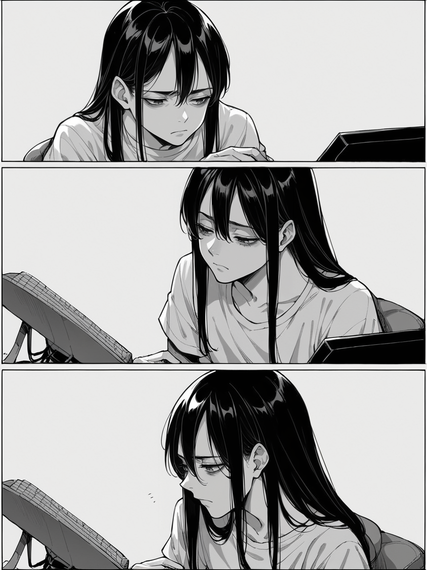 score_9, score_8_up, score_7_up, score_6_up, m4ng4, manga, monochrome, greyscale, (long hair:1.2), 1boy, comic, <lora:m4ng4XLP:1> panels, black hair, tired, computer