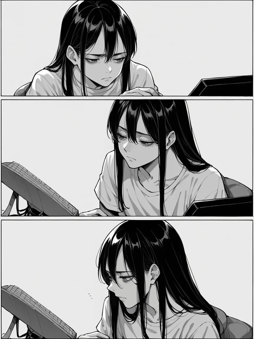 score_9, score_8_up, score_7_up, score_6_up, m4ng4, manga, monochrome, greyscale, (long hair:1.2), 1boy, comic, <lora:m4ng4XLP:1> panels, black hair, tired, computer