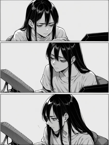 score_9, score_8_up, score_7_up, score_6_up, m4ng4, manga, monochrome, greyscale, (long hair:1.2), 1boy, comic, <lora:m4ng4XLP:1> panels, black hair, tired, computer