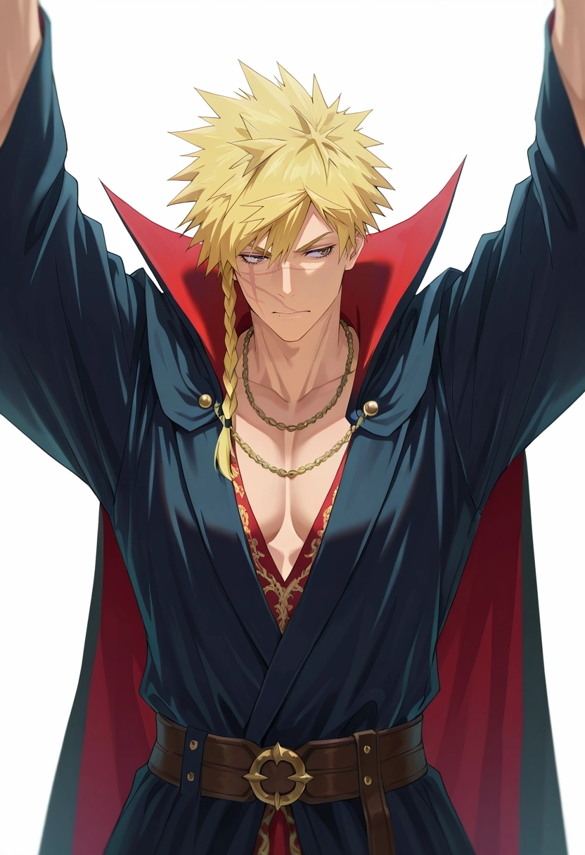 masterpiece, best quality, intricate details, semi-realistic, , 1boy, solo, male focus, <lora:choubei_aza_ilxl:0.94>, choubei_aza, blonde hair, brown eyes, long hair, braid, spiked hair, scar, scar on face, necklace, studio with white backdrop, in dramatic pose, arms raised, int, dracula costume