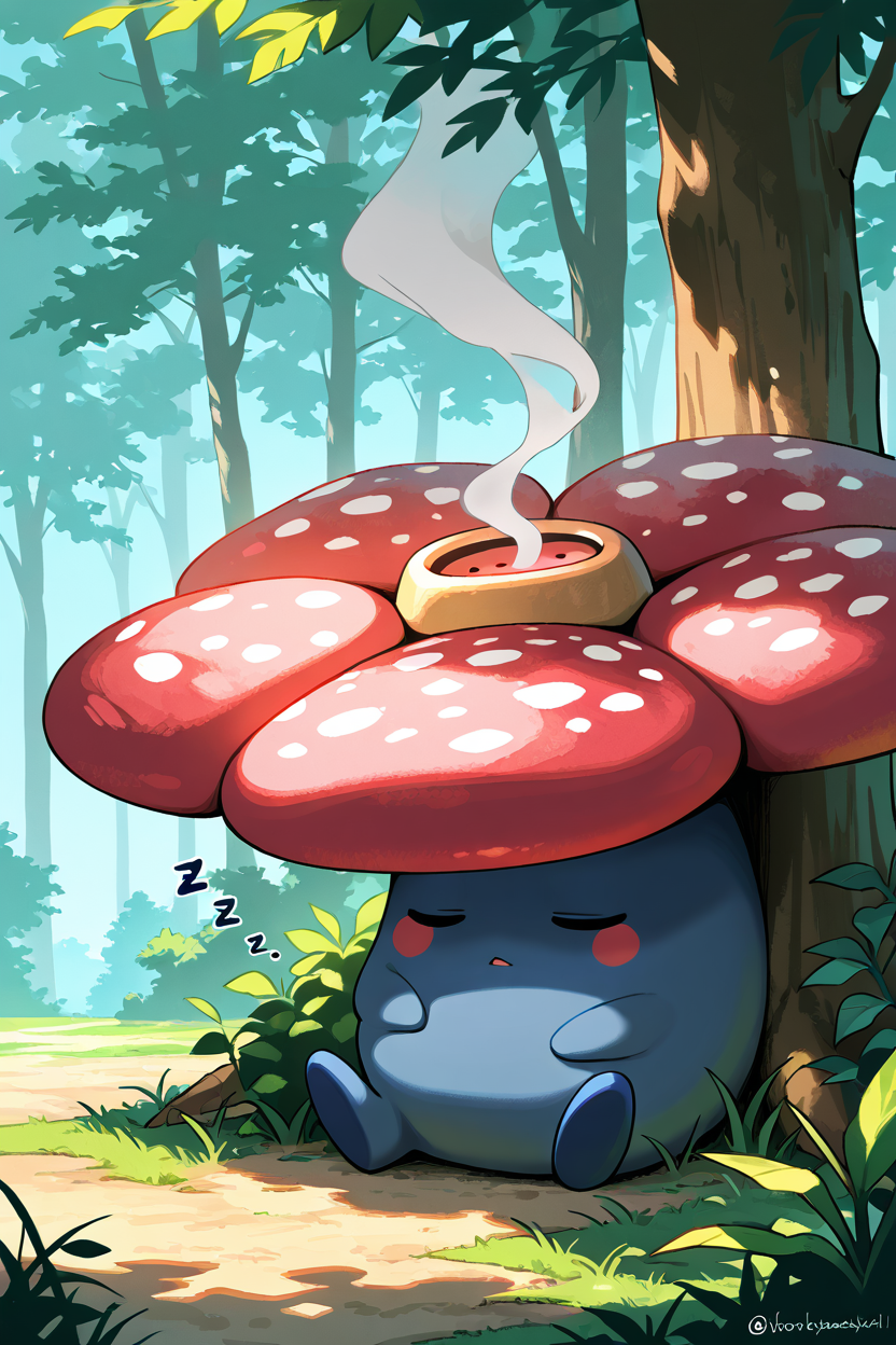 masterpiece, best quality,   Vileplume, day, sleeping, smoke, zzz, <lora:VileplumePokedexIXL:1.0>,