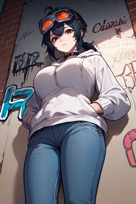 score_9, score_8_up, score_7_up, score_6_up, source_anime, 1girl, solo, <lora:zzzgrace-pdxl-nvwls-v1-000006:1> zzzGrace, black hair, ahoge, short ponytail, goggles on head, choker, large breasts, white hoodie, jeans, hands in pockets, wall, graffiti, looking at you, from below, curious
