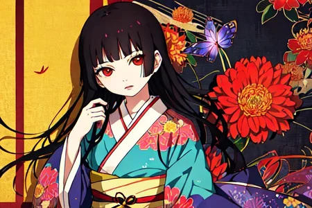 Enma Ai, 1girl, chrysanthemum, flower, solo, japanese clothes, long hair, kimono, yellow flower, butterfly, hair spread out, purple flower, sash, floral print, black hair, bug, red eyes, lying, obi, orange flower, bangs, on back, kikumon, spider lily, pink flower, colorful, red flower, blunt bangs, blue flower, looking at viewer, parted lips, butterfly print, print kimono, long sleeves, crane \(animal\), pale skin, wide sleeves, from above, <lora:Enma Ai:0.8>