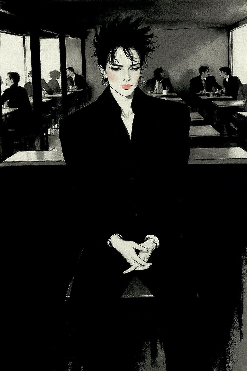 regr1 illustration.   
 a black-haired man seated in a dimly-lit restaurant. He is dressed in a dark-colored jacket and pants, his hands resting on his lap. The man's face is adorned with a spiky haircut, adding a pop of color to the otherwise monochromatic scene. The restaurant is filled with people, their tables and chairs visible in the background.  <lora:regr3_shoujo_nocap_d6a3:1.0><lora:808055735763155314:0>