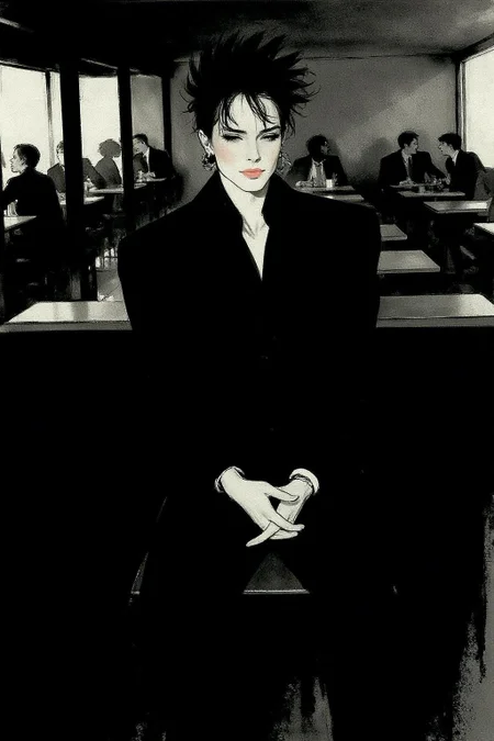 regr1 illustration.
a black-haired man seated in a dimly-lit restaurant. He is dressed in a dark-colored jacket and pants, his hands resting on his lap. The man's face is adorned with a spiky haircut, adding a pop of color to the otherwise monochromatic scene. The restaurant is filled with people, their tables and chairs visible in the background. <lora:regr3_shoujo_nocap_d6a3:1.0><lora:808055735763155314:0>