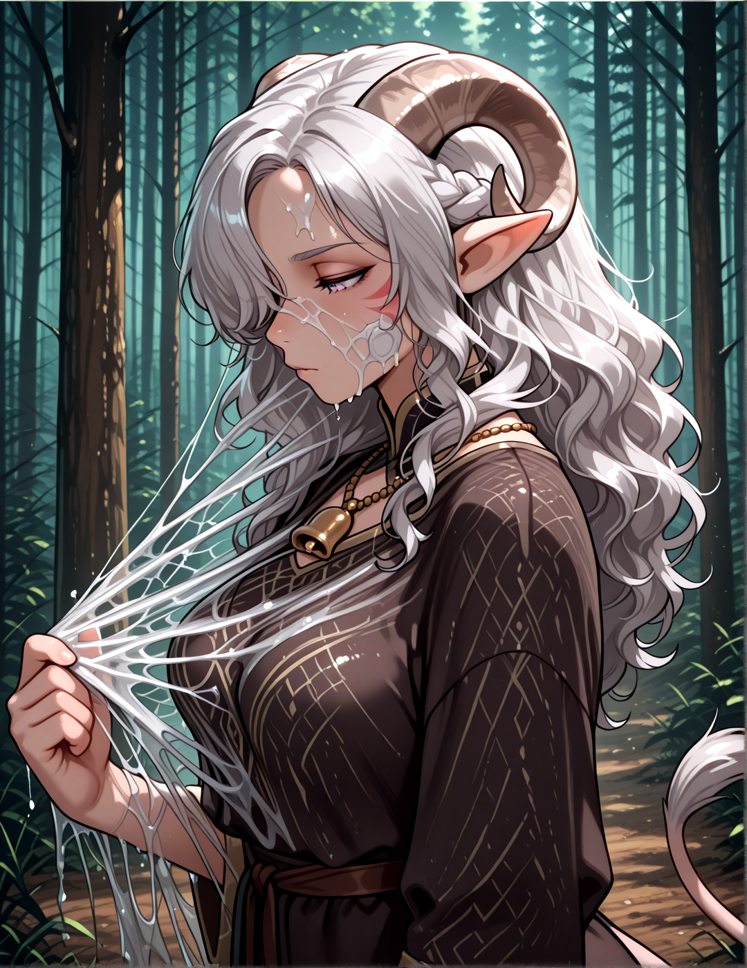 <lora:web_magic:1>  ( (covered_web on clothes,covered_web on face, )),    solo, forest,   from side  ,, masterpiece, best quality,  tiefling, pointy ears, tiefling, silver hair, ivory sheep horn,
<lora:Tiefling_bard_Diana_v2:0.9> red whisker_markings, silver long wavy hair, bell necklace, short pointy ears, purple eyes, tiefling_bard_diana:1.2,   hair over one eye, braid,  
cow tail:1.4,