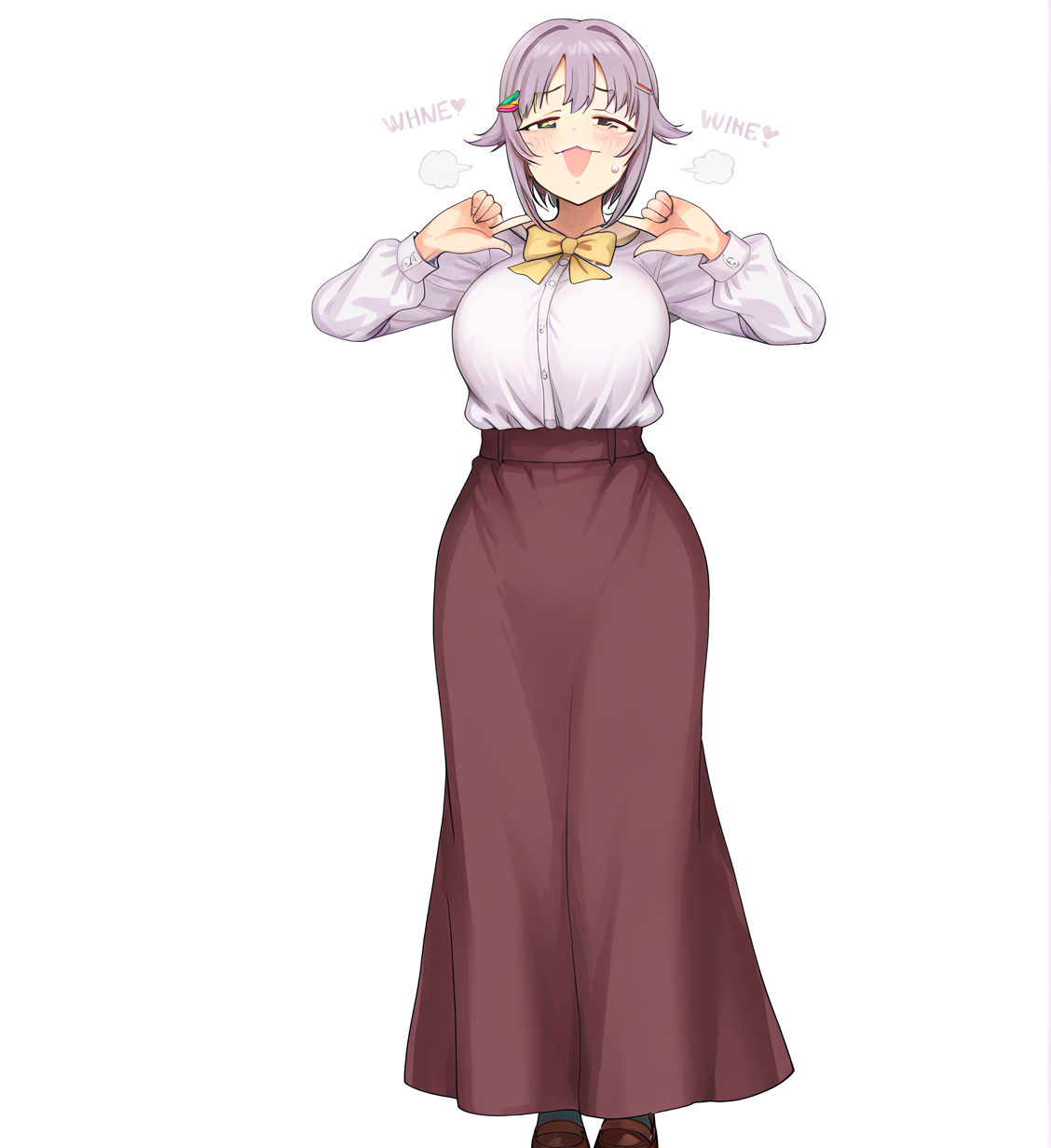 <lora:é¶´äºTsuruiPLANT:1.2>,1girl, (koshimizu sachiko:0.9), huge breasts, wide hips, idolmaster, idolmaster cinderella girls, blush, english text, full body, hair ornament, hairclip, long skirt, pointing, pointing at self, pointing down, school uniform, skirt, solo, sweatdrop,  
very awa, masterpiece, best quality, highres, absurdes,amazing quality,very aesthetic,intricate details, <lora:hand 5.5:1>