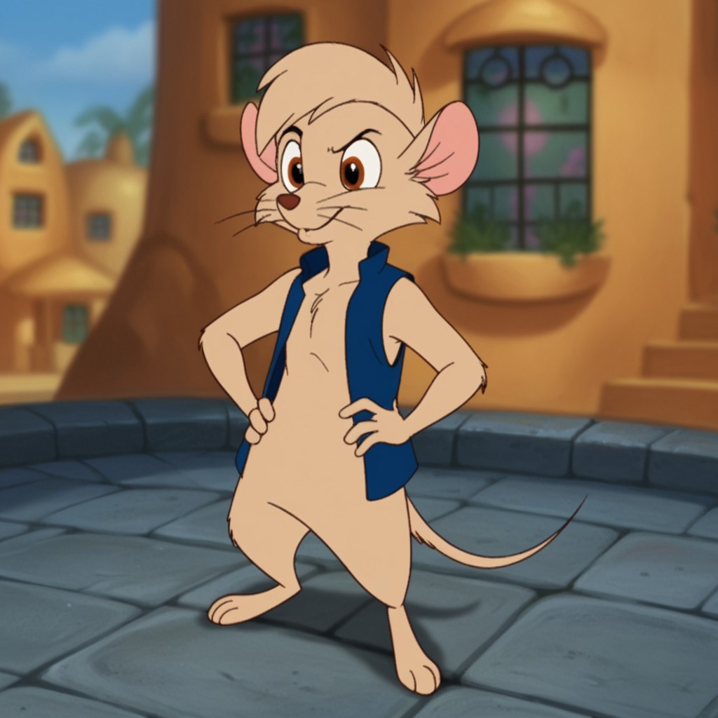 score_9, score_8_up, score_7_up, score_6_up, score_5_up, score_4_up, source_furry, Timmynimh2, semi-anthro, male, mouse, tan fur, brown eyes, short hair, blue vest,standing, hands on hips, solo, 1boy, outside