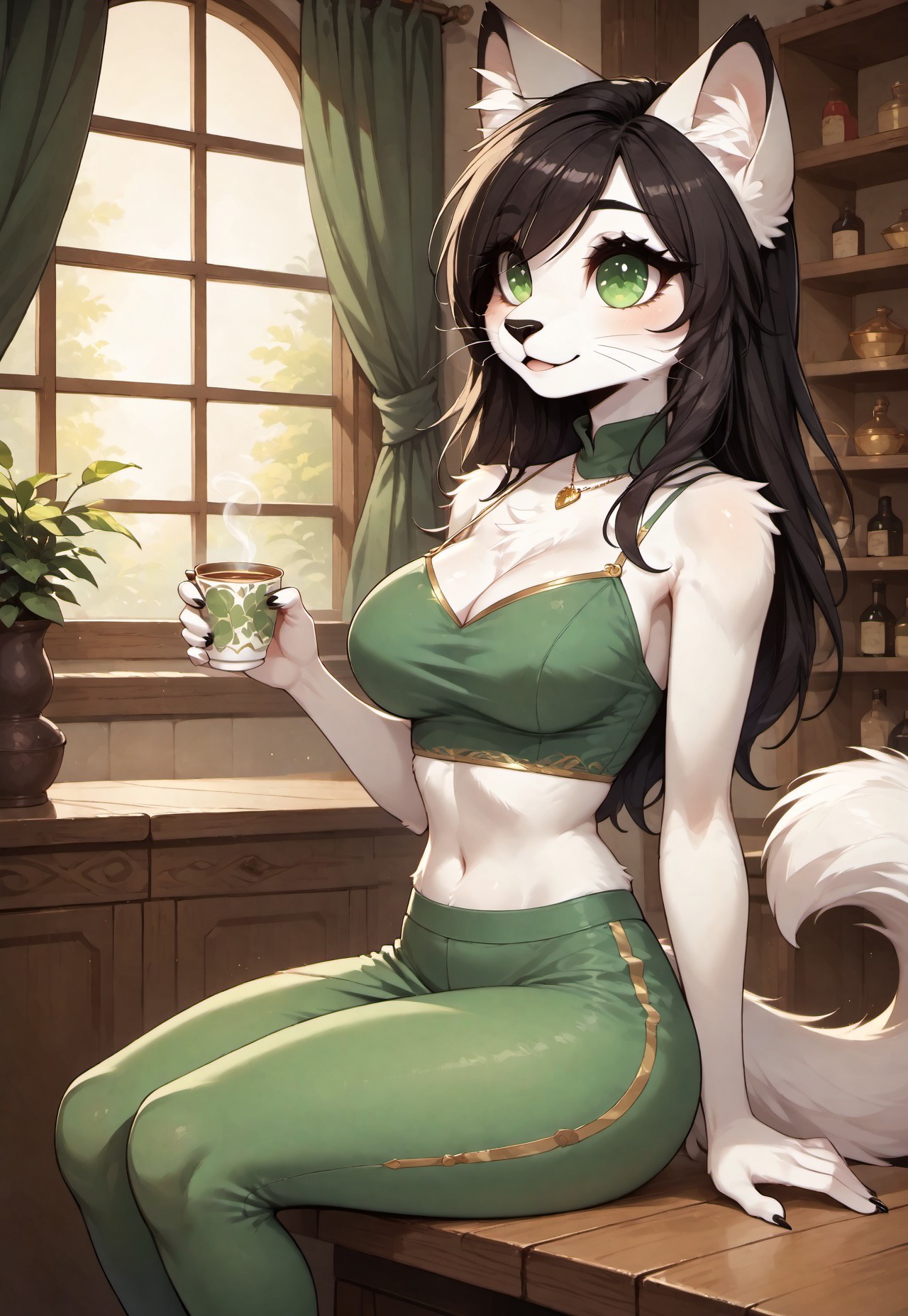 safe_pos, masterpiece, score_9_up, score_8_up, score_7_up, score_6_up, source_furry, (best quality:1.1), ultra-detailed, high resolution, solo, highly detailed macro illustration, solo, 1girl, Kaja, anthro cat, feline, female, (white fur), long black hair, hair over one eye, long eyelashes, eyebrows, black animal nose, whiskers, fluffy ears, fluff in ears, fluffy tail, breasts, (cute expression, cute face:1.2), ((beautiful detailed green eyes, green pupils)), (cute expression, cute face:1.3), ((black claws)), :3, (High collar crop top blouse), (light green leggings), (green and white sneakers), (gold necklace) BREAK sitting on the table, (holding tea cup:1.2) BREAK dim warm light, indoors, dining room, shelves with alcohol BREAK detailed facial features, highly visible, sharp focus, anatomically correct, detailed background
