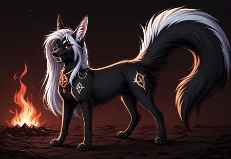 reallynxgirl_style, by Zackary911, by Kenket, by Kilinah, by fluff-kevlar, feral, mommy female black fennec fox, solo, long white hair, red eyes, fangs, full body, one big tail, dark background. dark priest with black and red cloack, full body concept, realism