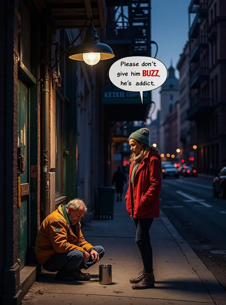 A photograph of a somber cityscape at dusk: a homeless individual slumps against a weathered streetlamp, clutching a tin mug as they beg for money. Desperation etches sunken eyes, seeking solace in the dimly lit alleyway's recesses. In the foreground, a concerned woman stands tall, her voice raised in alarm within a thought bubble: Please don't give him BUZZ, he's an addict. Vibrant attire clashes with the dark atmosphere, as flickering streetlights cast long shadows and ultra-realistic detail captures the poignant moment.
