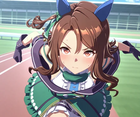 masterpiece, best quality, amazing quality, , 1girl, solo, umamusume, racetrack, running, sweatdrop, sweat, serious, <lora:King Halo in game style 3D ILL-v2:1> ummsmingame, 3d, king halo \(umamusume\),