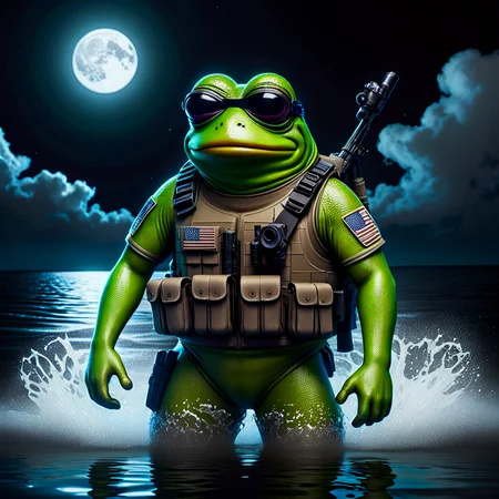 A tactical Navy Seal (Pepe the Frog:1.2) emerging from water in the middle of the night,equipped with night vision goggles and armed,with a dark,stealthy background,capturing the essence of a covert military operation. The scene is wide,showcasing the vastness of the night sea and sky,enhancing the atmosphere of secrecy and danger.,pepe_frog,