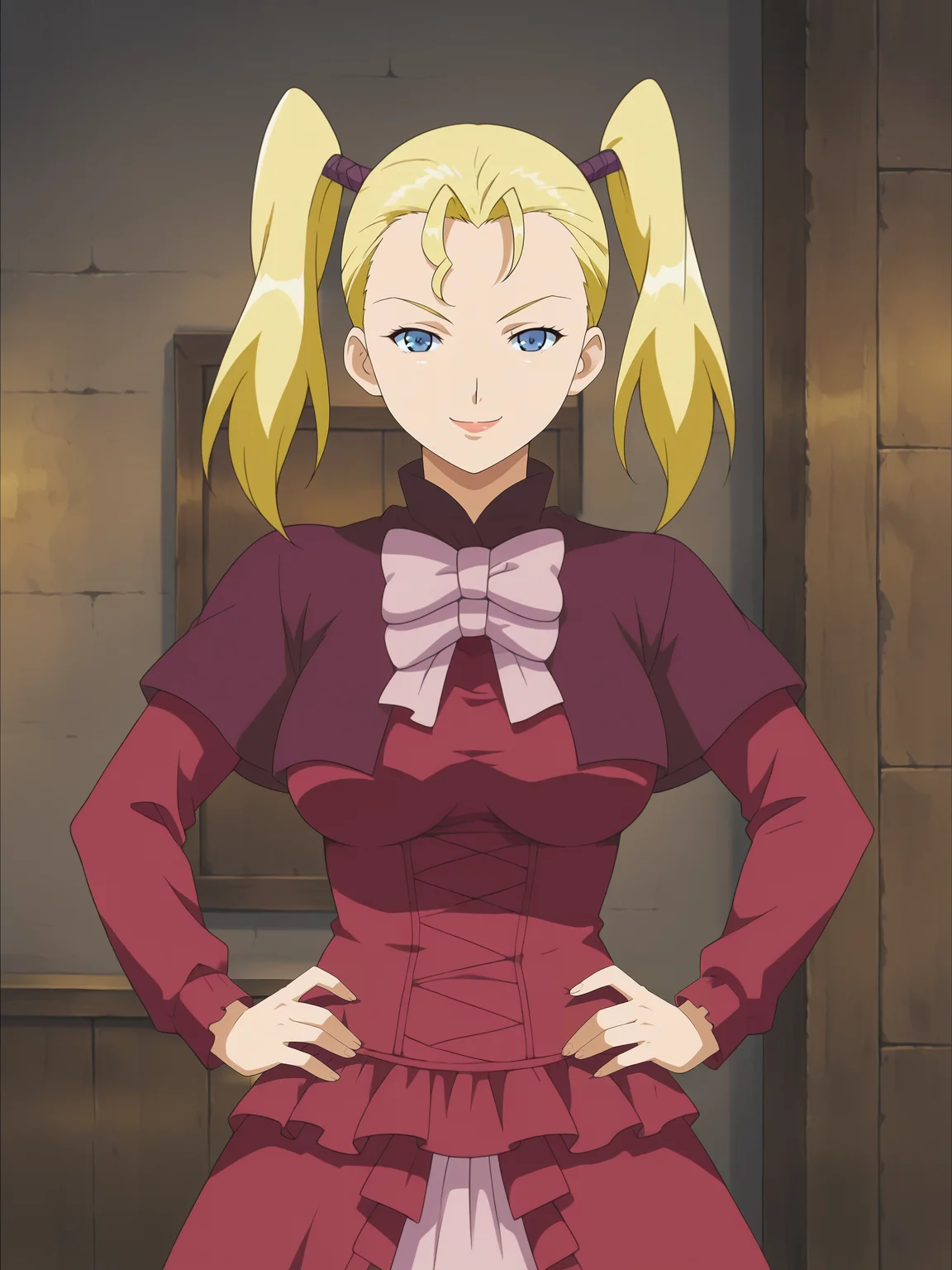 <lora:Tina-The_Duchess_of_Busty_Mounds:0.7>,Tina,1girl,solo,blonde hair,twintails,blue eyes,breasts,dress,cowboy shot,hands on own hips,looking at viewer,indoors,smile