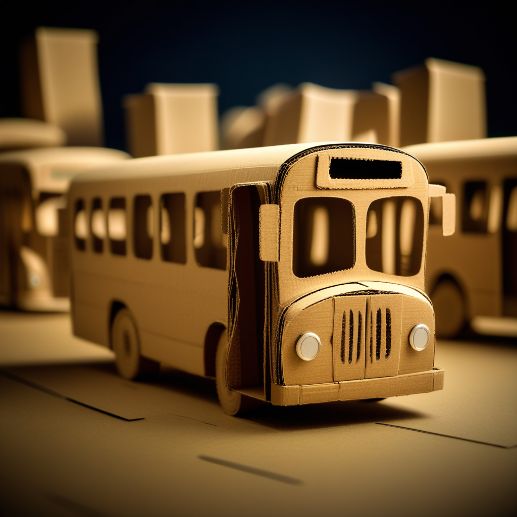 draw a photorealistic raw image of a bus made entirely of cardboard. Totally cardboard world, surreal, fantasy. No pencil, no table, no hand. Miniature style. Tilt-Shift, bokeh focus.