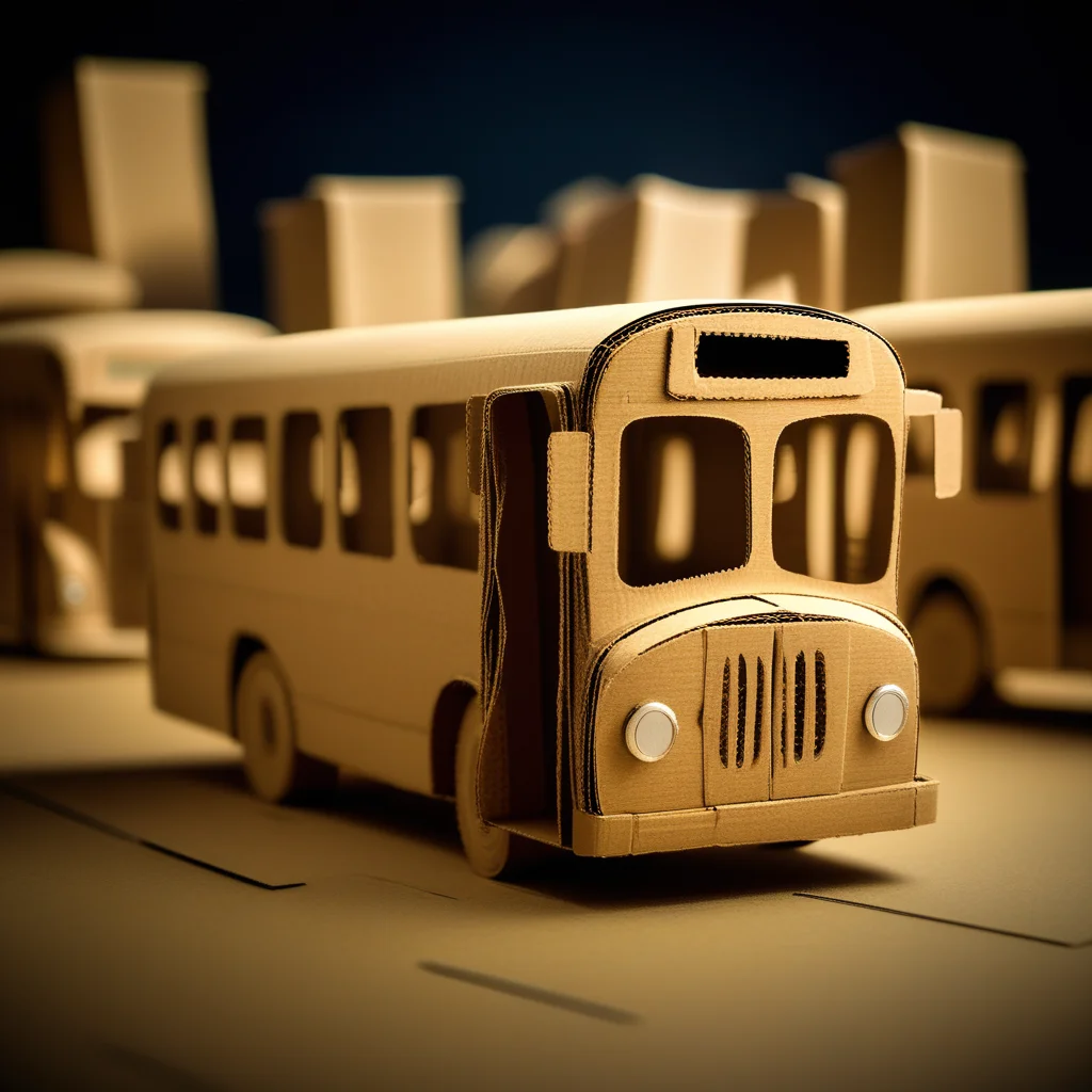 draw a photorealistic raw image of a bus made entirely of cardboard. Totally cardboard world, surreal, fantasy. No pencil, no table, no hand. Miniature style. Tilt-Shift, bokeh focus.