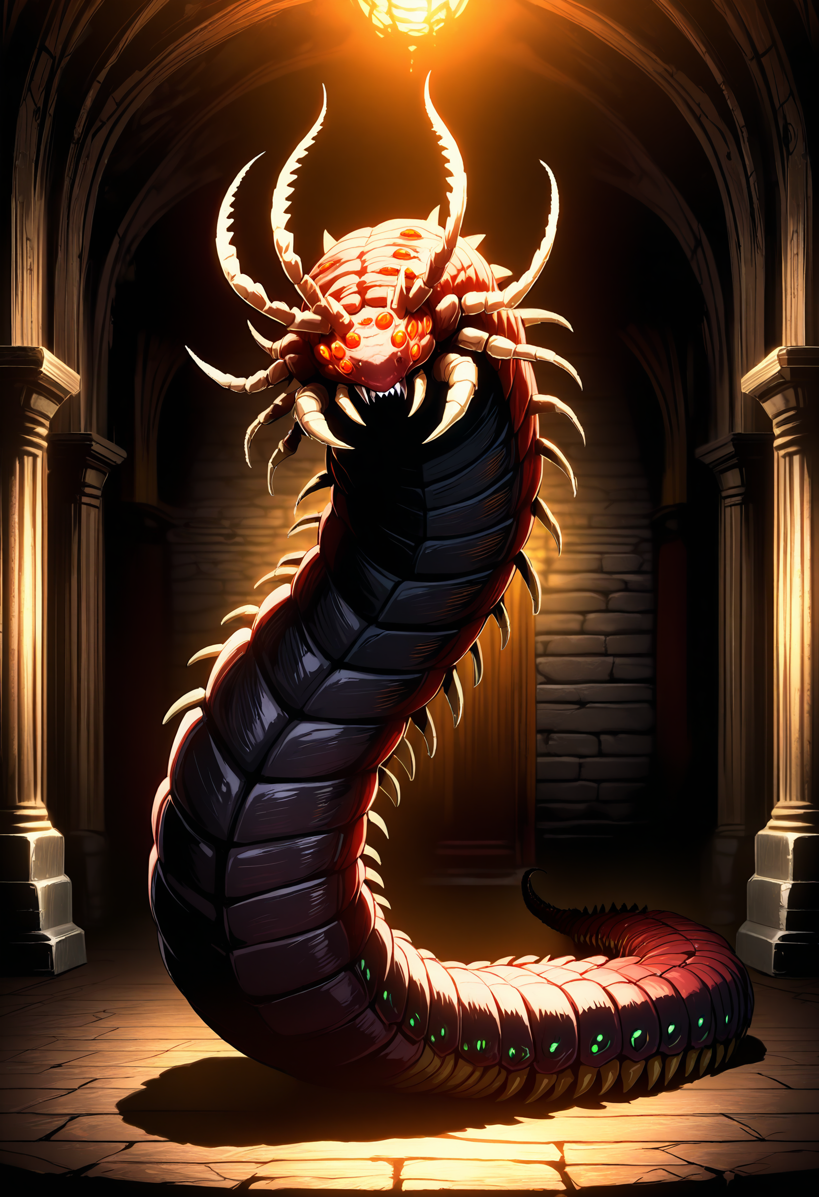 best quality, masterpiece, anime_screencap, hi res, best_quality, very aesthetic, absurdres, 8k, emst, no humans, worm, sharp teeth, mucus, spikes,  animal focus, full body, extra eyes, scales, antennae, centipede, fantasy, beautiful lighting, ray traced, dungeon, dim lighting, shadow, dark