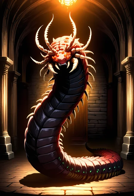best quality, masterpiece, anime_screencap, hi res, best_quality, very aesthetic, absurdres, 8k, emst, no humans, worm, sharp teeth, mucus, spikes, animal focus, full body, extra eyes, scales, antennae, centipede, fantasy, beautiful lighting, ray traced, dungeon, dim lighting, shadow, dark