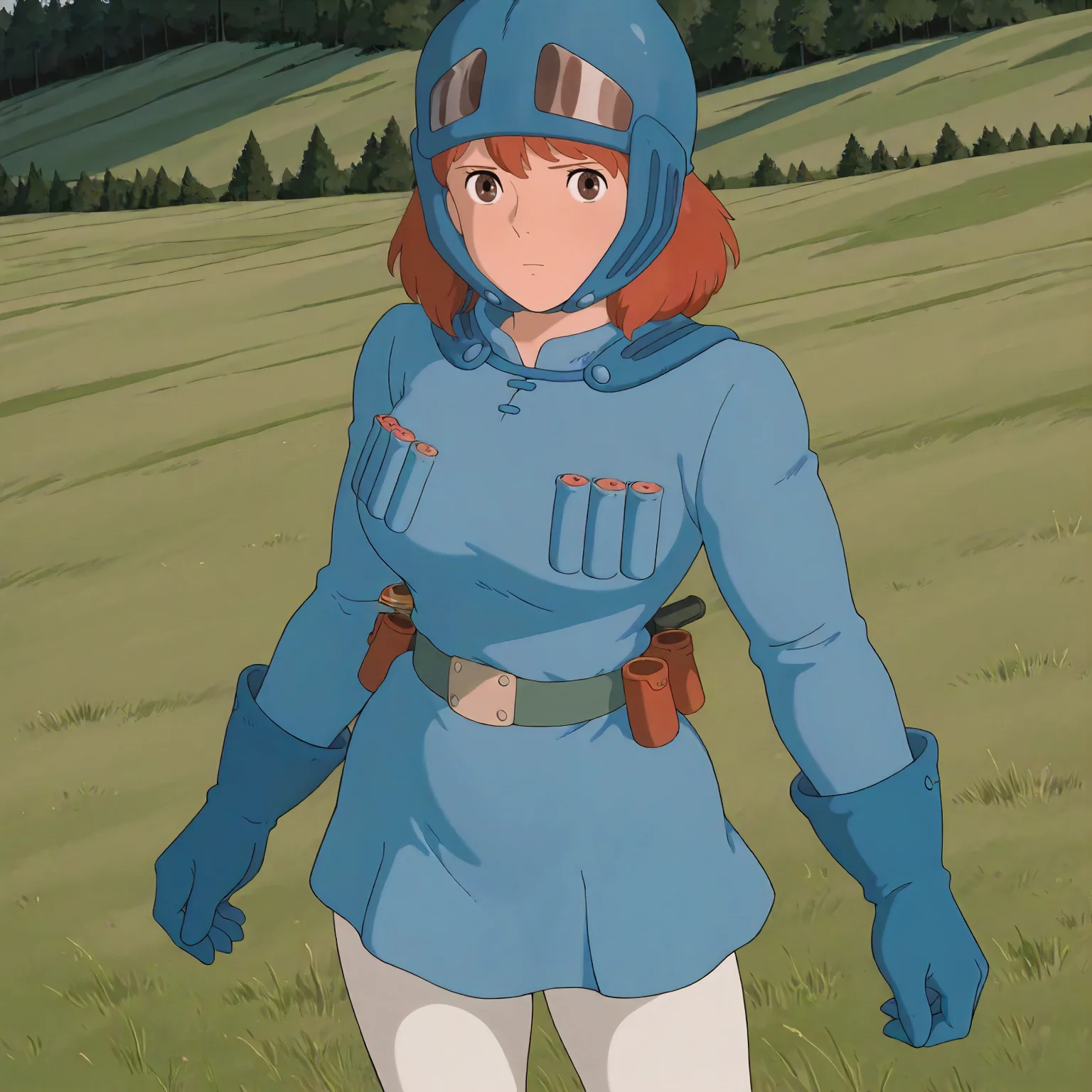<lora:NotVotW_NausicaaXLIllustrious022>,
masterpiece,best quality,good quality,newest,
outdoors,detailed background,grassland,nature,
looking at viewer,
solo,
VWNausicaa,1girl,brown hair,medium hair,brown eyes,
breasts,
helmet,
blue dress,chest bullet holder,long_sleeves,
belt,
white tights,
blue gloves,
standing,
