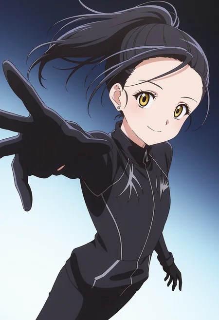 <lora:Hikaru KAMISAKI_1.0_illustrious-000036:1>,
KHA_two,solo,smile,yellow eyes,earrings,looking at viewer,black hair,ponytail,black sportswear,black gloves,closed mouth,cowboy_shot,
dynamic_angle,reaching,skating