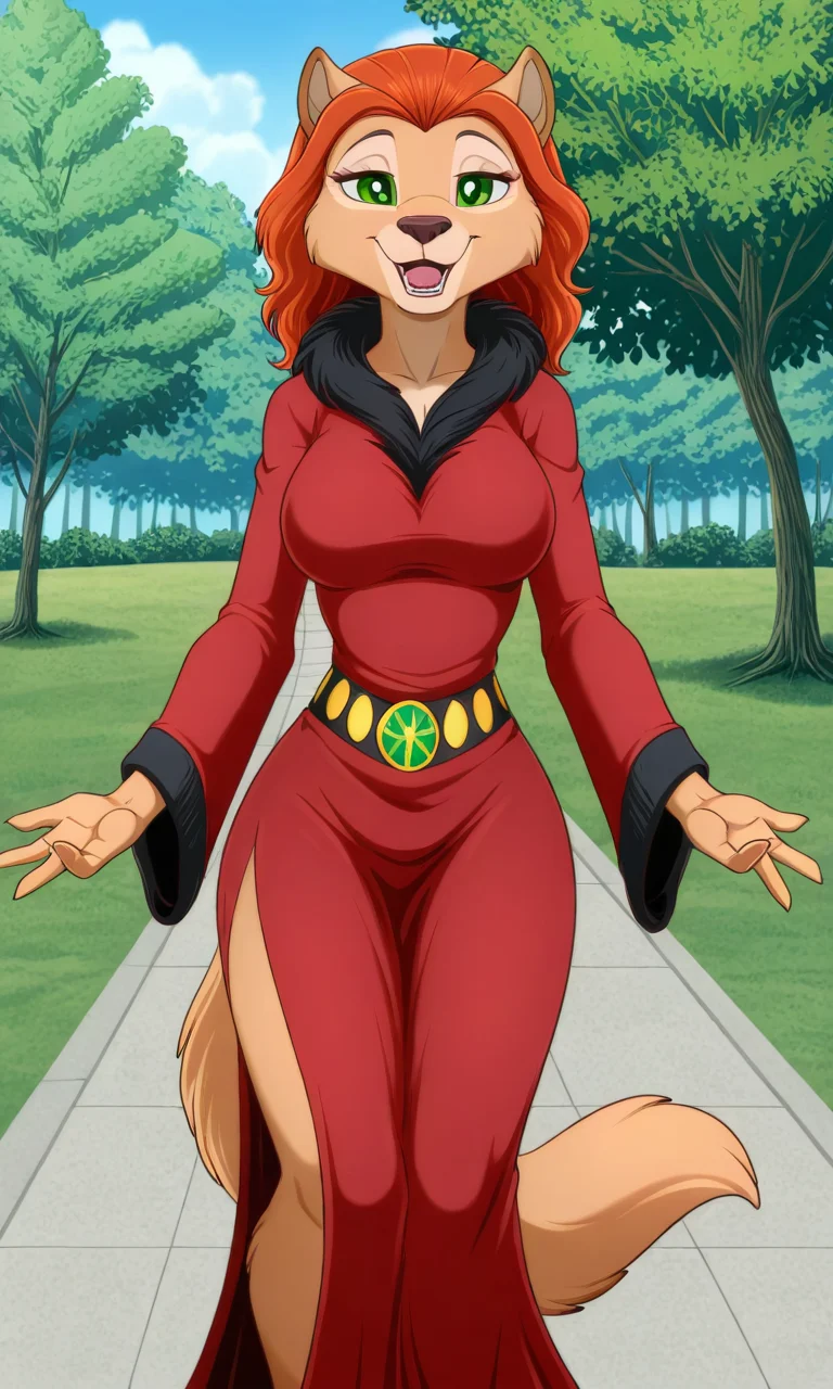 masterpiece, best quality, amazing quality, very aesthetic, high resolution, ultra-detailed, absurdres, newest, lonbluewolf BREAK 1girl, solo, katrina, anthro, furry female, green eyes, orange hair, katrina red robe, standing, looking at viewer, open mouth, smile, happy, outdoors, park
