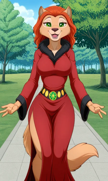 masterpiece, best quality, amazing quality, very aesthetic, high resolution, ultra-detailed, absurdres, newest, lonbluewolf BREAK 1girl, solo, katrina, anthro, furry female, green eyes, orange hair, katrina red robe, standing, looking at viewer, open mouth, smile, happy, outdoors, park