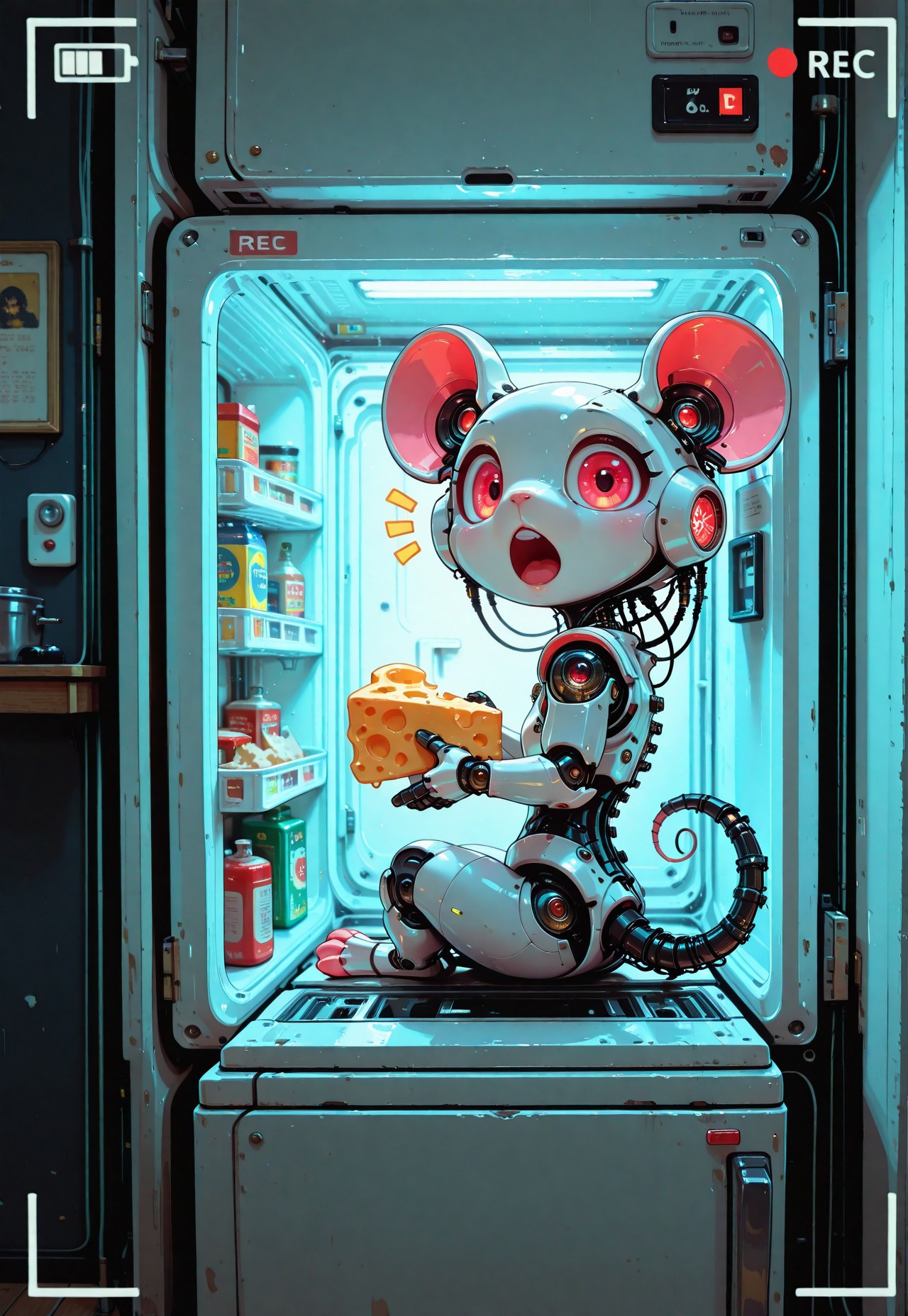 cybernetic mouse, robot mouse, mechanical body parts, cute, petite, animal focus, solo, sitting, sitting in opened fridge, curled tail, looking at viewer, surprised, open mouth, upper teeth, notice lines, holding, holding cheese, fridge, opened fridge door,  indoors, kitchen, freezer, futuristic, modern, night, spotlight, perspective, fisheye, viewfinder, recording, battery indicator,  painterly, volumetric lighting, close up, dynamic angle, no line art, no outline, photo (medium), fine art, masterpiece, best quality, good quality, very awa, very aesthetic, absurdres, newest, 8k, high contrast, in the style of cknc, haiz_ai
