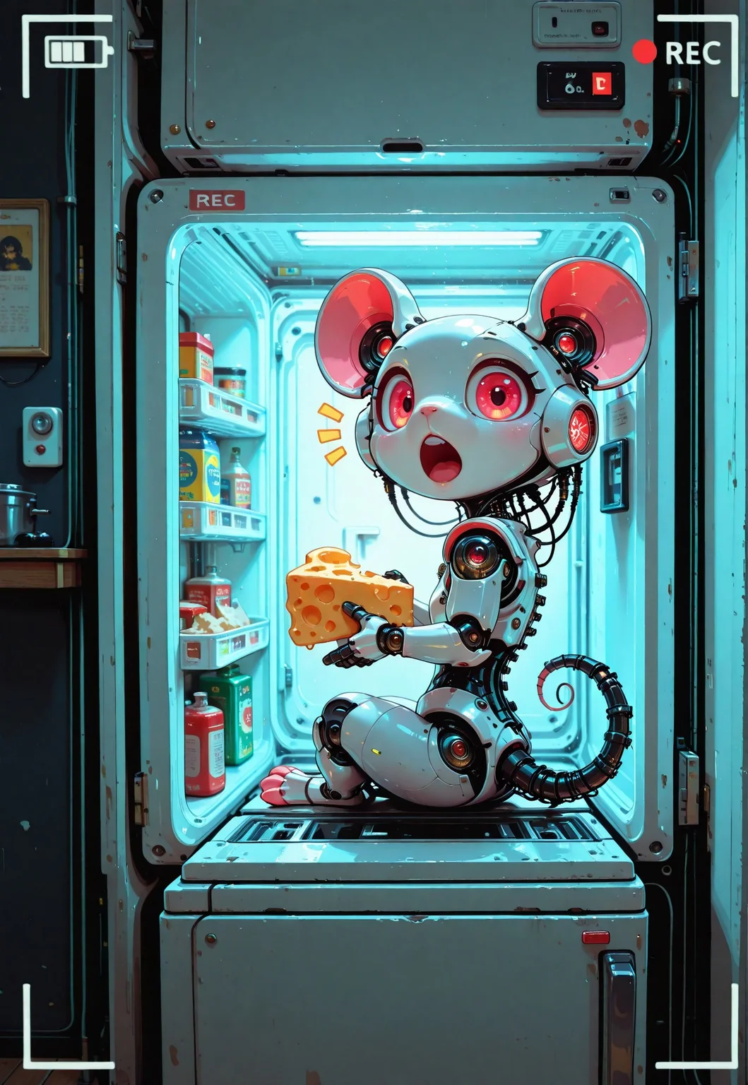 cybernetic mouse, robot mouse, mechanical body parts, cute, petite, animal focus, solo, sitting, sitting in opened fridge, curled tail, looking at viewer, surprised, open mouth, upper teeth, notice lines, holding, holding cheese, fridge, opened fridge door, indoors, kitchen, freezer, futuristic, modern, night, spotlight, perspective, fisheye, viewfinder, recording, battery indicator, painterly, volumetric lighting, close up, dynamic angle, no line art, no outline, photo (medium), fine art, masterpiece, best quality, good quality, very awa, very aesthetic, absurdres, newest, 8k, high contrast, in the style of cknc, haiz_ai