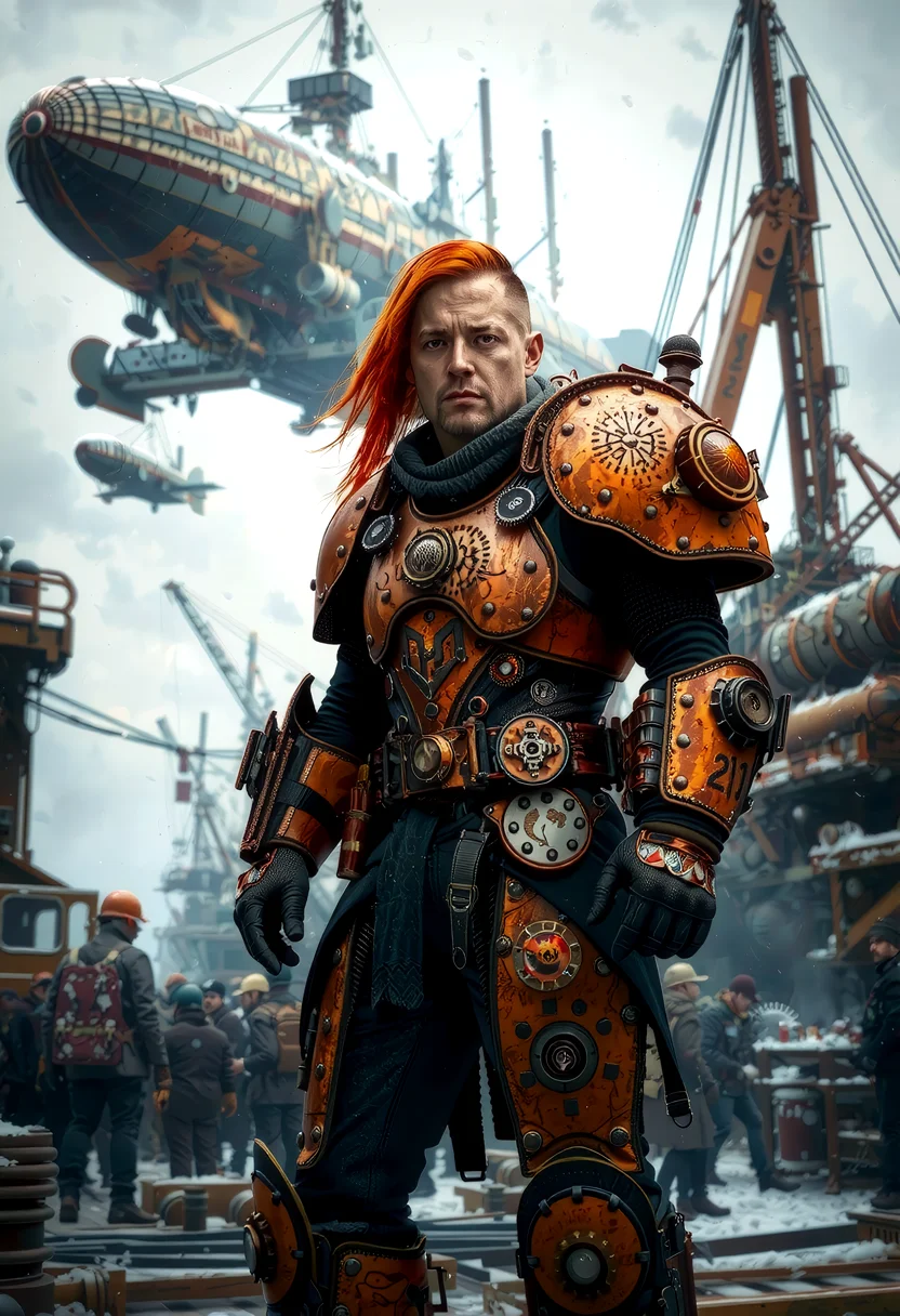 dieselpunk style middle-aged retro-futuristic vibe male (XY) character, Slim build, extra long Half Shaved hair red hair, , wearing a rusted orange gear-engraved battle armor, gear-etched boots, steam-powered gauntlet, set in a bustling airship-dock, massive airships looming overhead, workers loading and unloading cargo, passengers boarding for exotic destinations, a hub of transportation and trade, a symbol of progress and adventure. , in a blizzard, <lora:art and styles/MysticFantasy.safetensors:1.0>, <lora:scifi/moxiePunk_v4S.safetensors:1.0>,