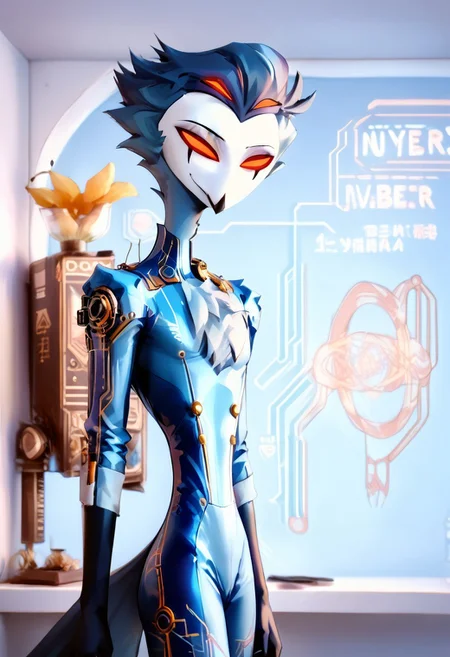 CyberpunkWorld, cyberpunk style, Stolas Goetia of Helluva Boss, 34 years old, gentle smile, nice and cozy red morning gown, colorful glowing server room, repairs server, StlsGtia_Dskfll, stolas, N0R3AL_PDXL, PonyXLV6_Scores, (blue cyber bodysuit:2), anthro, anthro bird, white face, red sclera, black hands, messy hair, large messy hair, dark blue messy hair, 4eyes, two sets of eyes, tail, bird tail, black and blue legs, (male anthro bird:1.3) (mechanical suit:1.4).