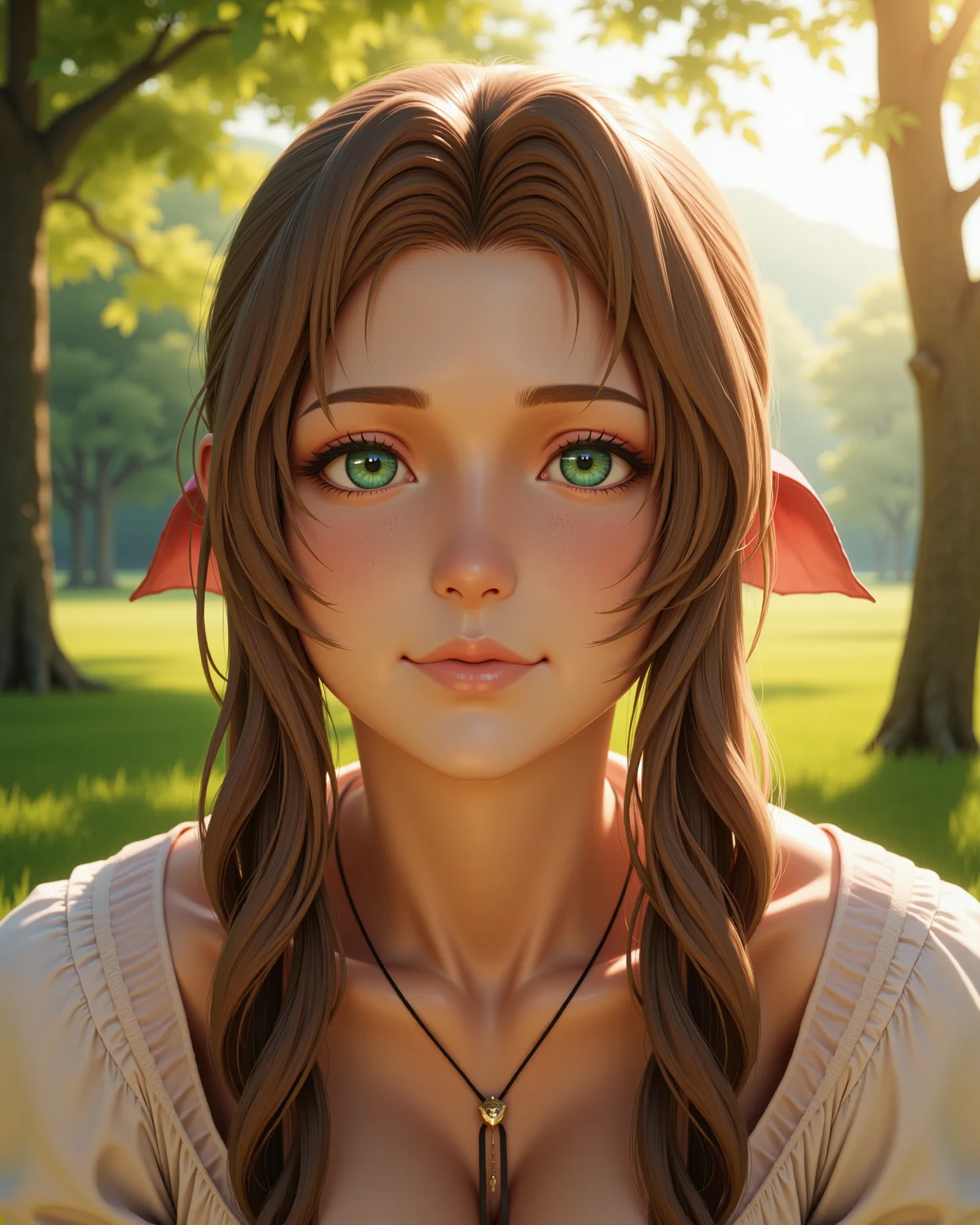 -looking at viewer, outdoors daylight
photorealistic image of <lora:Final_Fantasy_-_Aerith_v3_000015:1> ff-aerith, a 25 year old woman, long brown hair, green eyes, hair ribbon