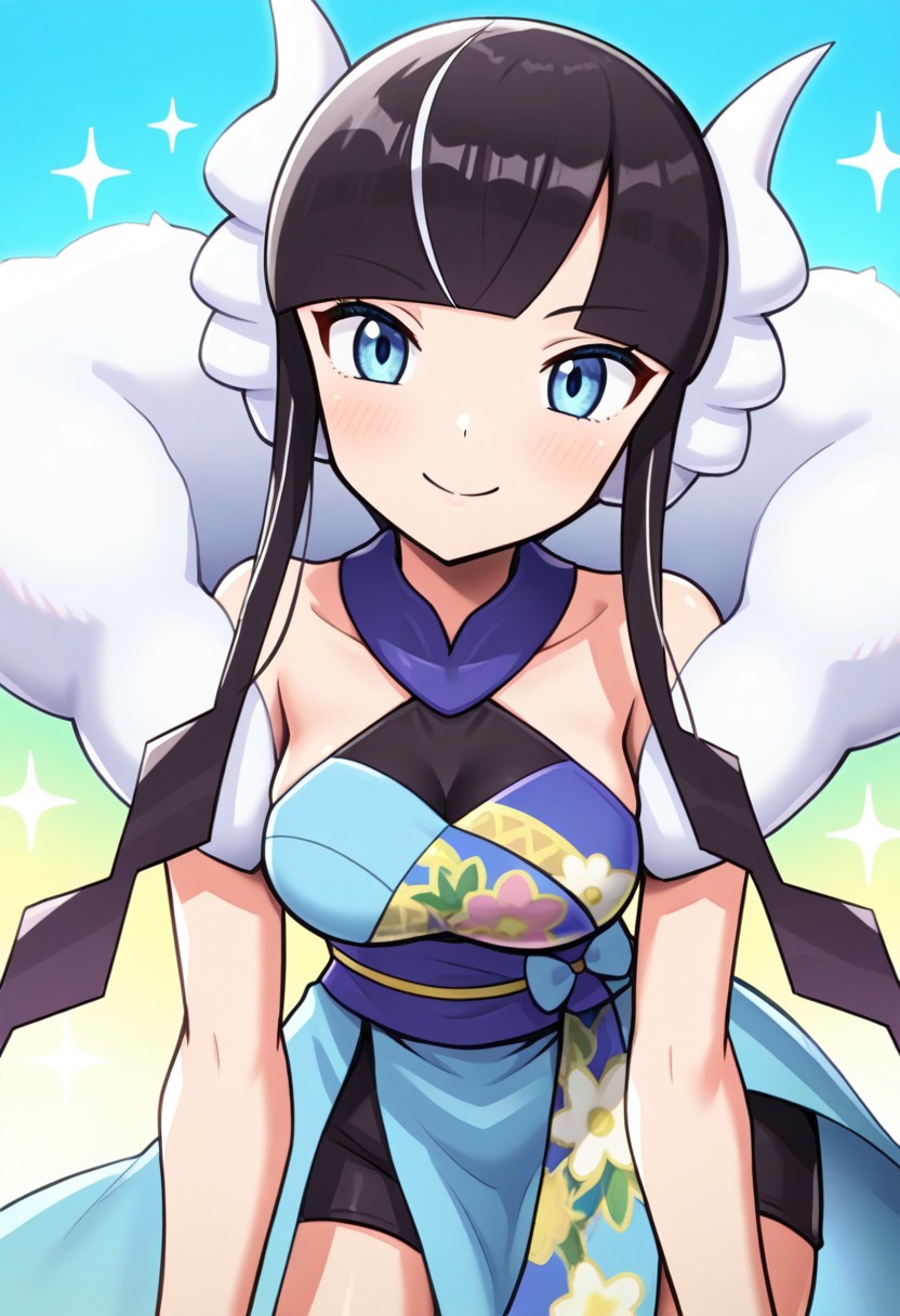 hinosaki, [[[pokemoa, gonzarez]]], 2d, masterpiece, best quality, amazing quality, 1girl, solo, close-up, standing, smile, upper body, leaning_forward, looking at viewer, multicolored background, sparkle, gradient background, colorful background, green background, blue background, ssaelesa, blue eyes, long hair, black hair, multicolored hair, sidelocks, headphones, fur collar, halter dress, sleeveless, bare shoulders, black shorts, japanese clothes, blue sash, purple nails
