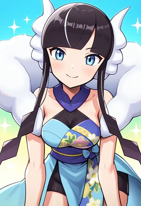 hinosaki, [[[pokemoa, gonzarez]]], 2d, masterpiece, best quality, amazing quality, 1girl, solo, close-up, standing, smile, upper body, leaning_forward, looking at viewer, multicolored background, sparkle, gradient background, colorful background, green background, blue background, ssaelesa, blue eyes, long hair, black hair, multicolored hair, sidelocks, headphones, fur collar, halter dress, sleeveless, bare shoulders, black shorts, japanese clothes, blue sash, purple nails