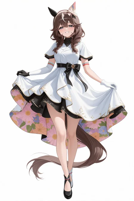 1girl, solo, curren bouquetd'or \(umamusume\), horse tail, horse girl,
white dress, asymmetrical gloves, floral print, asymmetrical footwear, layered skirt,
smile,
standing,
full body, looking at viewer,
white background,
<lora:currenbouquetdorillv1.2:1>,
masterpiece, best quality, amazing quality, very aesthetic, absurdres, highres, newest, <lora:xl_saturation_slider:0.1>, <lora:add-detail-xl:1>, <lora:illustriousXLv01_stabilizer_v1.164:0.4>, <lora:reduce_wrinkles_illstriouosv0.1_ADDifT_2_in_1_v1.2:0.9>,