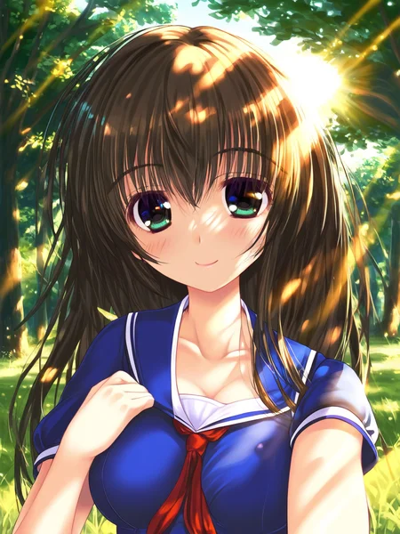 score_9, source_anime, score_8_up, score_7_up, 1girl, solo, breasts, detailed background, <lora:SamenoCE:1> samenoce, uncensored, surufuku, upper body, smile, tree, grass, sun rays,