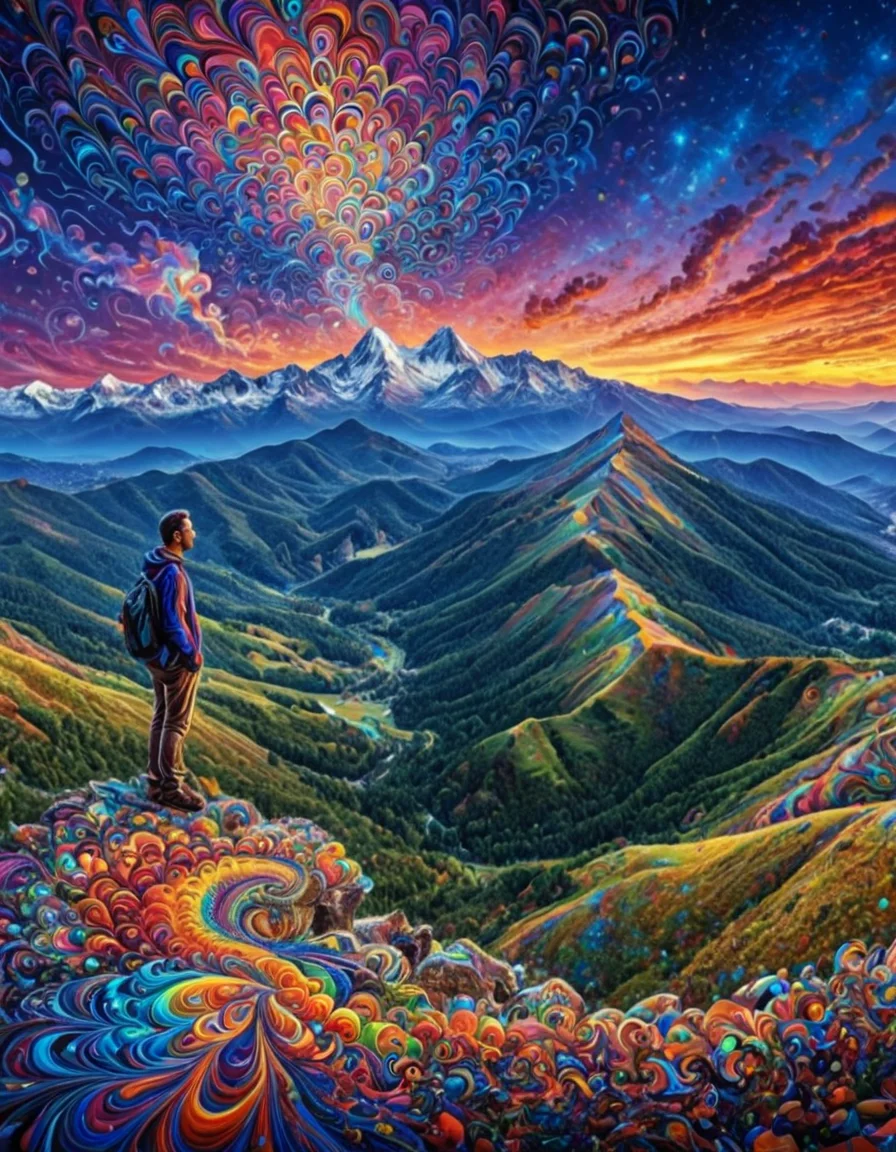 Masterpiece psychedelicv2lora, colorful, scenery, panorama, mountain overlook, 1man, portrait . Exquisite detail, flawless composition, high-resolution, stunning quality