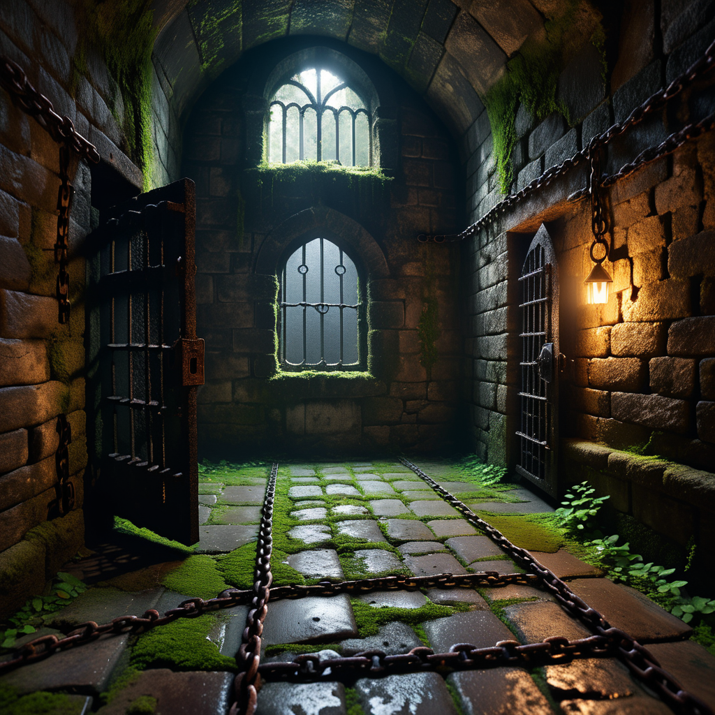 A dark and grim medieval castle dungeon, designed for imprisoning captives. The walls are made of aged, damp stone bricks, cracked and worn with time, with patches of moss and moisture seeping through. The small, claustrophobic space is lit by a single flickering torch mounted on the wall, casting long, eerie shadows across the room. Rusted iron bars form a heavy prison door with a corroded lock and hinges, partially ajar or firmly shut. The floor is rough, uneven stone, covered in dirt and faint stains, hinting at years of suffering. Chains hang loosely from rusted hooks embedded in the walls, their metal corroded and worn. In one corner, a small, grated window lets in a thin sliver of cold, pale light, emphasizing the dungeon's oppressive and hopeless atmosphere. The air feels damp, stale, and heavy with silence, evoking a chilling sense of isolation and despair.
<lora:SDXLFaeTastic2400:0.4> <lora:extremely_detailed:0.4> extremely detailed, Masterpiece,best quality,hi res,8k,hi res,8k,award winning,(sharp focus, intricate, highly detailed),