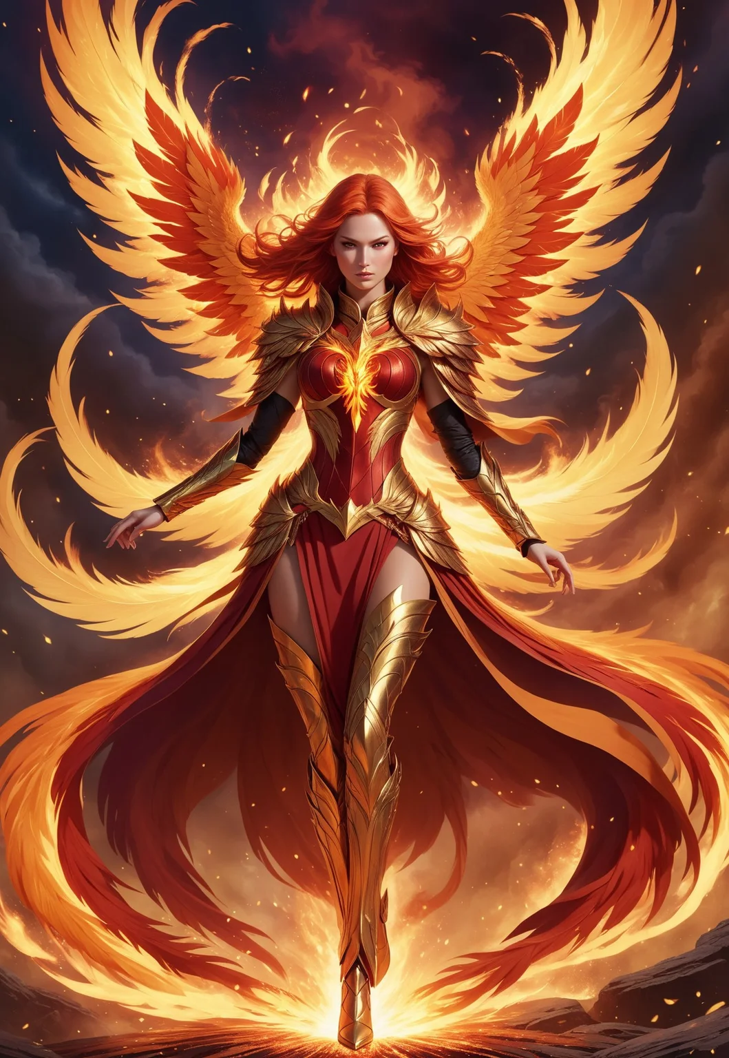 The Phoenix Knight radiates renewal and power, clad in fiery red, gold, and orange armor resembling phoenix feathers, with glowing embers dancing along its edges. Her flaming golden-crimson hair flows like living fire, framing a face lit by her fiery soul and resolute gaze. Wielding a massive phoenix-blade that leaves trails of embers and erupts in explosive flames, she is a force of both destruction and mercy. Her cloak of enchanted phoenix feathers glimmers as it shields her, trailing glowing ash. Each step scorches the earth, embodying the eternal cycle of death and rebirth, igniting hope and awe on the battlefield. dynamic angle, smoking background