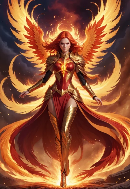 The Phoenix Knight radiates renewal and power, clad in fiery red, gold, and orange armor resembling phoenix feathers, with glowing embers dancing along its edges. Her flaming golden-crimson hair flows like living fire, framing a face lit by her fiery soul and resolute gaze. Wielding a massive phoenix-blade that leaves trails of embers and erupts in explosive flames, she is a force of both destruction and mercy. Her cloak of enchanted phoenix feathers glimmers as it shields her, trailing glowing ash. Each step scorches the earth, embodying the eternal cycle of death and rebirth, igniting hope and awe on the battlefield. dynamic angle, smoking background
