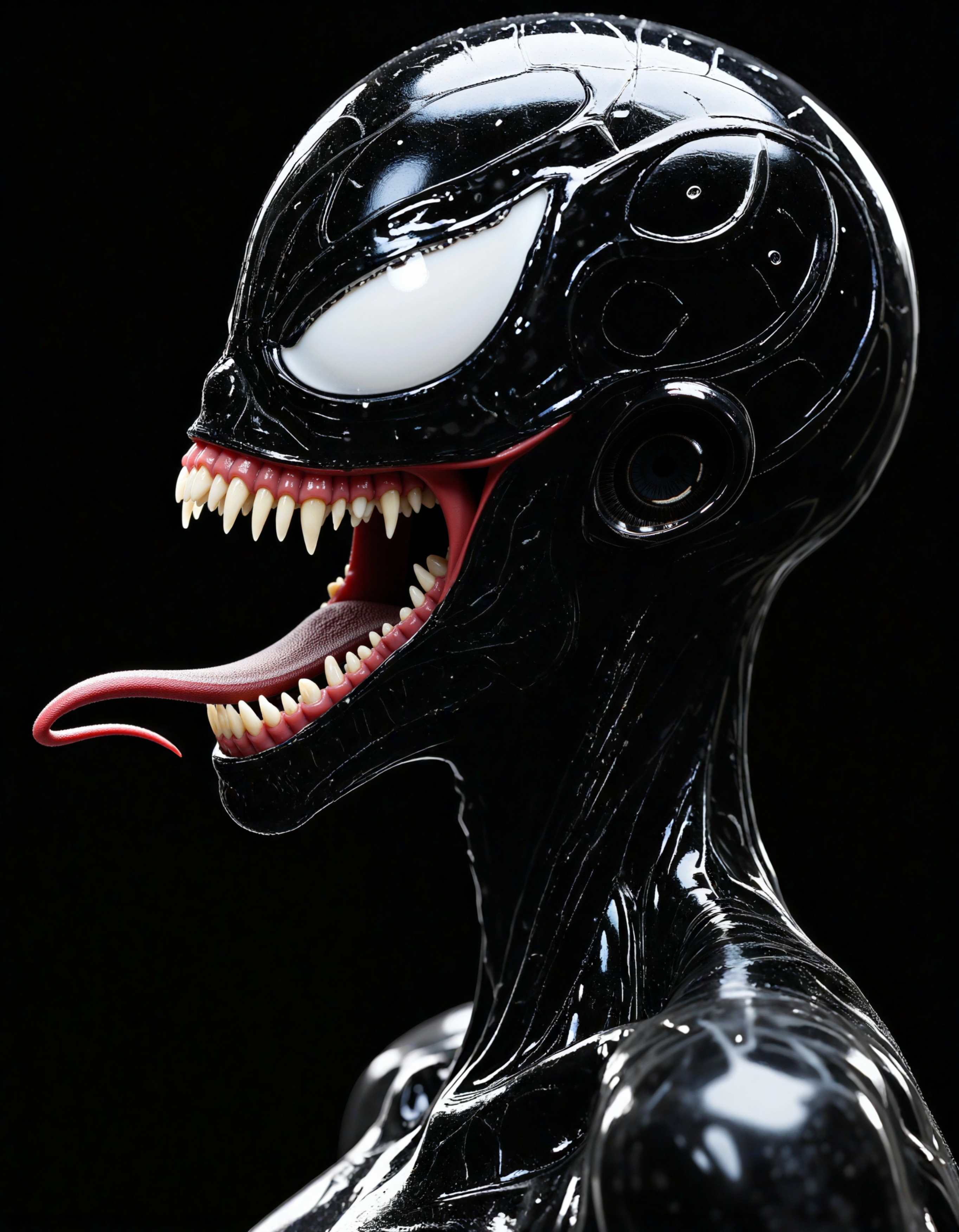 a female venom symbiont, athletic,wearing a skin-tight black symbiotic spider-man suit consisting of black fluid with a white 3d-logo, Venom symbiont alien debris fangs monster open mouth saliva sharp teeth (tentacles tongue:0.5), sexy pose, dynamic pose, Silhouette style High contrast minimalistic black and white stark dramatic,Photo by Hasselblad X1D-50c with 18-55mm STM lens ultra intricate details and textures 16k maximum resolution possible 600dpi,Aleksander Gierymski,dramatic lighting,fantasy,Black lighting,depth of field, highly detailed,Psychedelic style Vibrant colors,style by Luis Royo,extremely hyper aesthetic, artstyle by Randy Schueller, overhead angle