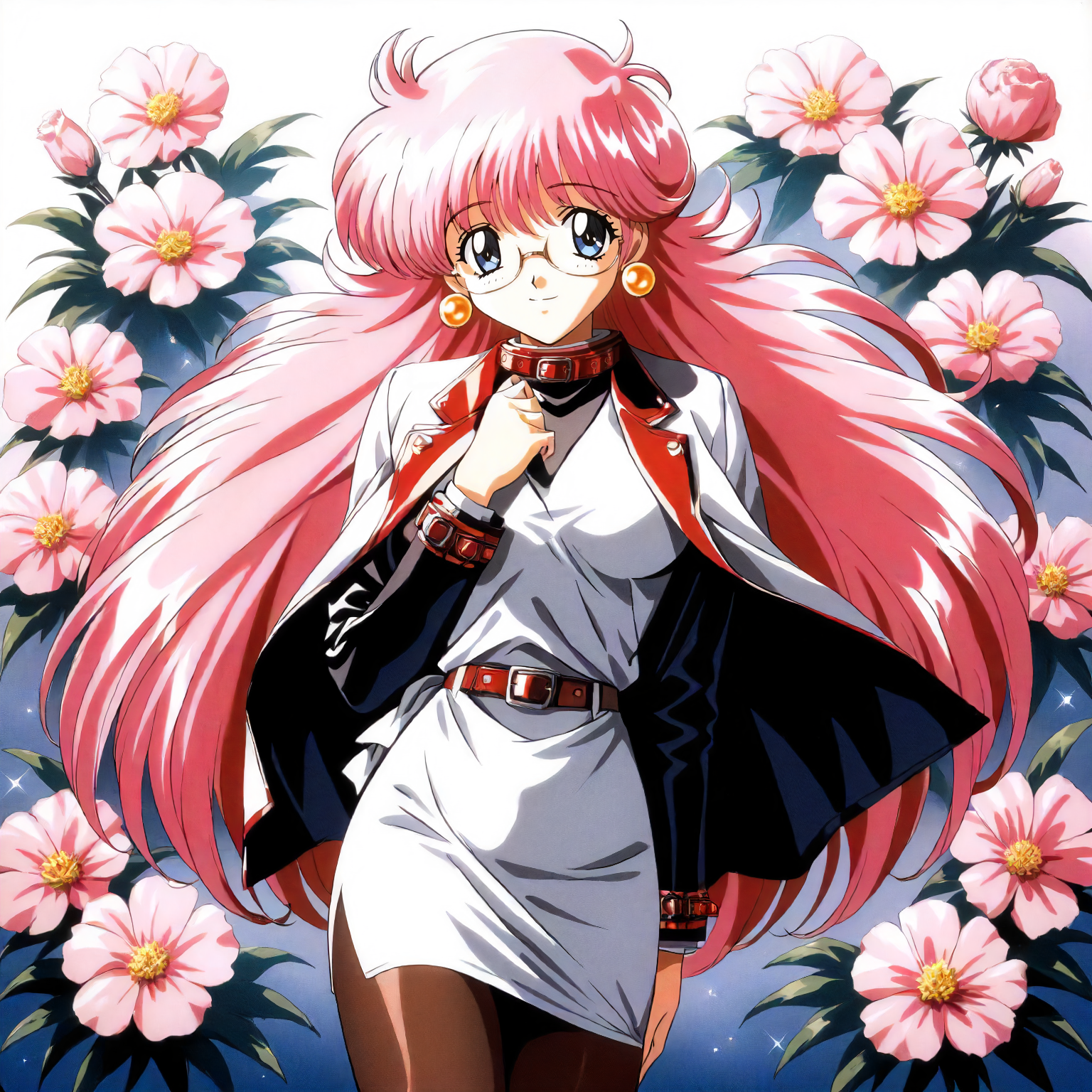 <lora:RC_sill_plainXLanimagine001>,
masterpiece,high score,great score,absurdres,
flower background,glitter,
smile,
looking at viewer,
solo,
anime coloring,retro artstyle,1990s (style),
sill_plain\(rance_series\),1girl,pink hair,long hair,blue eyes,earrings,
cowboy shot,standing,
business_suit,jacket,pencil_skirt,pantyhose,glasses,