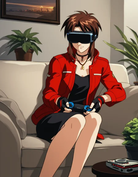 score_9,  score_8_up, score_7_up, source_anime, <lora:Priss_Asagiri__Bubblegum_Crisis_Tokyo_2040:1> Priss, brown hair, brown eyes, sidelocks
black dress, red jacket, choker, necklace, fingerless gloves,
1girl, solo, indoors, smile, vr headset, playstation controller, living room, potted plant, picture frame, sitting, couch, indoors, dim lighting, neon lights