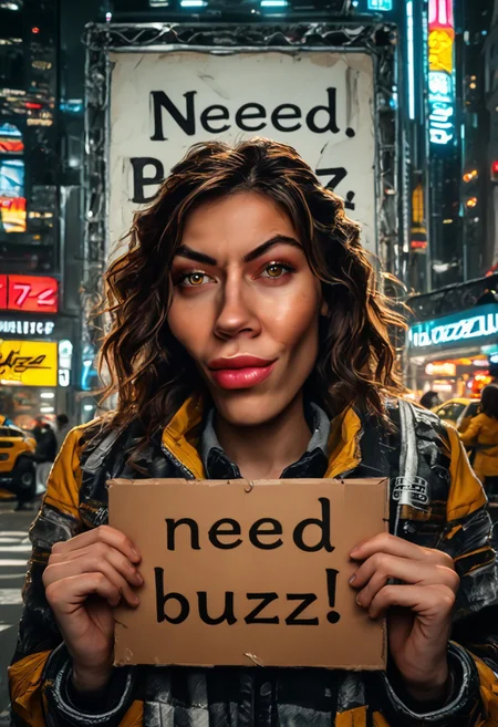portrait, lips,score_9, score_8_up, source_anime, rating_safe, solo, holding a cardboard sign, (cardboard sign with large hand-drawn letters that clearly say "Need buzz!":1.2), playful,intense eyes, urban ruins, windy, jacket blowing, dramatic lighting, highly detailed, anime style, close-up composition, expressive face, need_buzz, holding sign, <lora:need_buzz_sign:1>Semi-realism