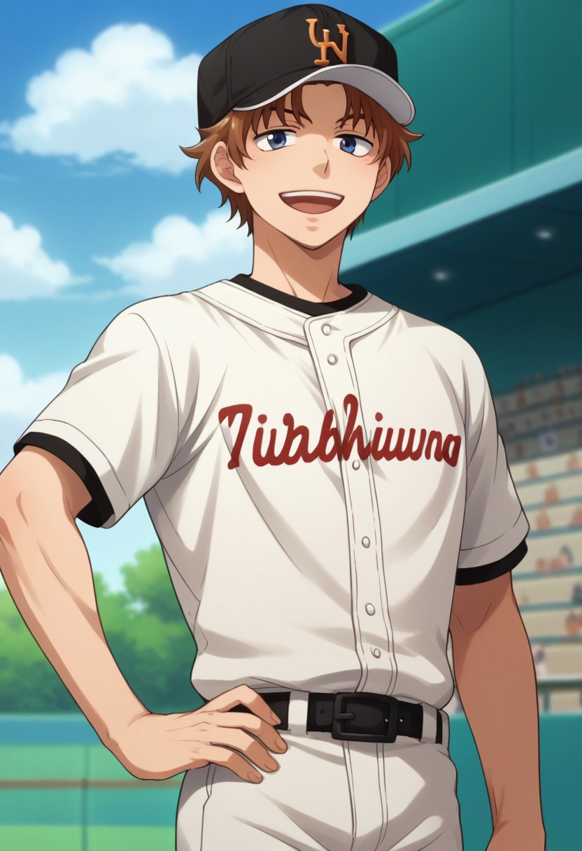 score_9, score_8_up, score_7_up, source_anime, highly detailed, 
fumiki, 1boy, male focus, brown hair, sportswear, hat, baseball cap, baseball uniform, smile, solo, hand on hip, open mouth, blue eyes, looking at viewer,