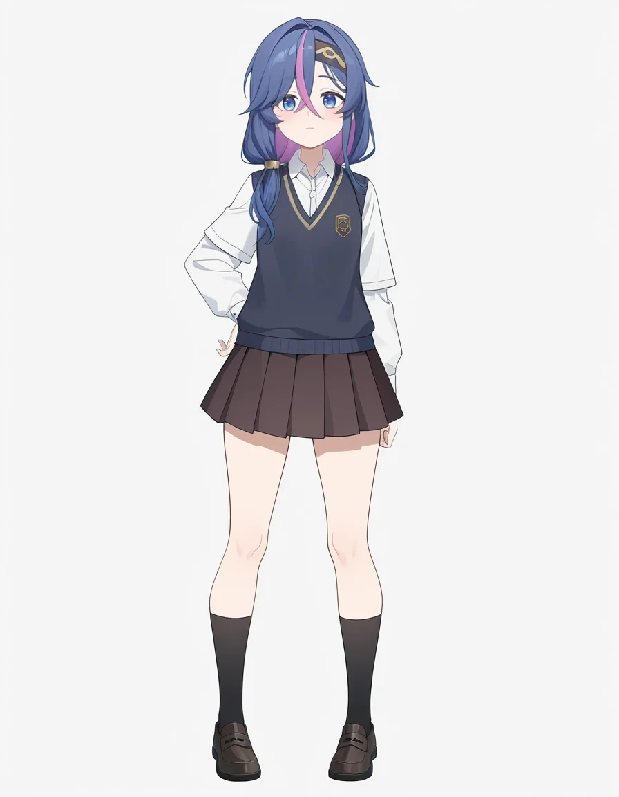 brown_skirt,collared_shirt,loafers,shirt,shoes,skirt,socks,sweater_vest,white_shirt,anime coloring,anime screencap,hand on own hip,white background,simple background,
<lora:xingyi_noob:0.6>,xingyi,1girl,solo,blue hair,blue eyes,multicolored hair,streaked hair,bangs,purple hair,pink hair,
masterpiece,best quality,very aesthetic,absurdres,